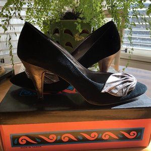 Nina black velvet evening pumps with metallic detail